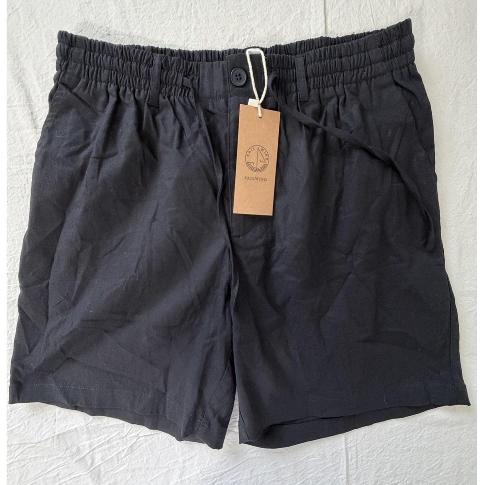 Sailwind Mens XL Black Linen Cotton Chino Shorts Elastic Waist Drawstring Casual